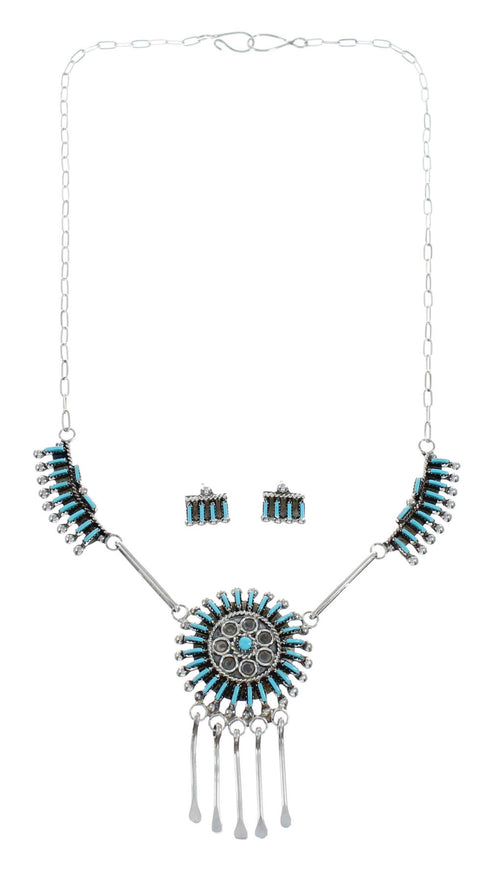Zuni Sterling Silver & Turquoise Needlepoint Necklace & Earring Set SN20285